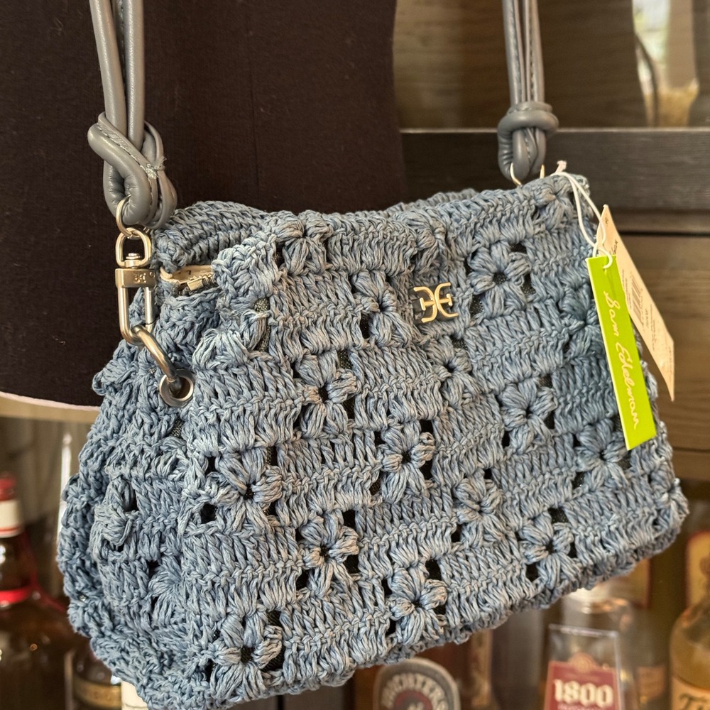 Sam Edelman Tuos Straw Crochet Shoulder Bag Blue Floral NWT